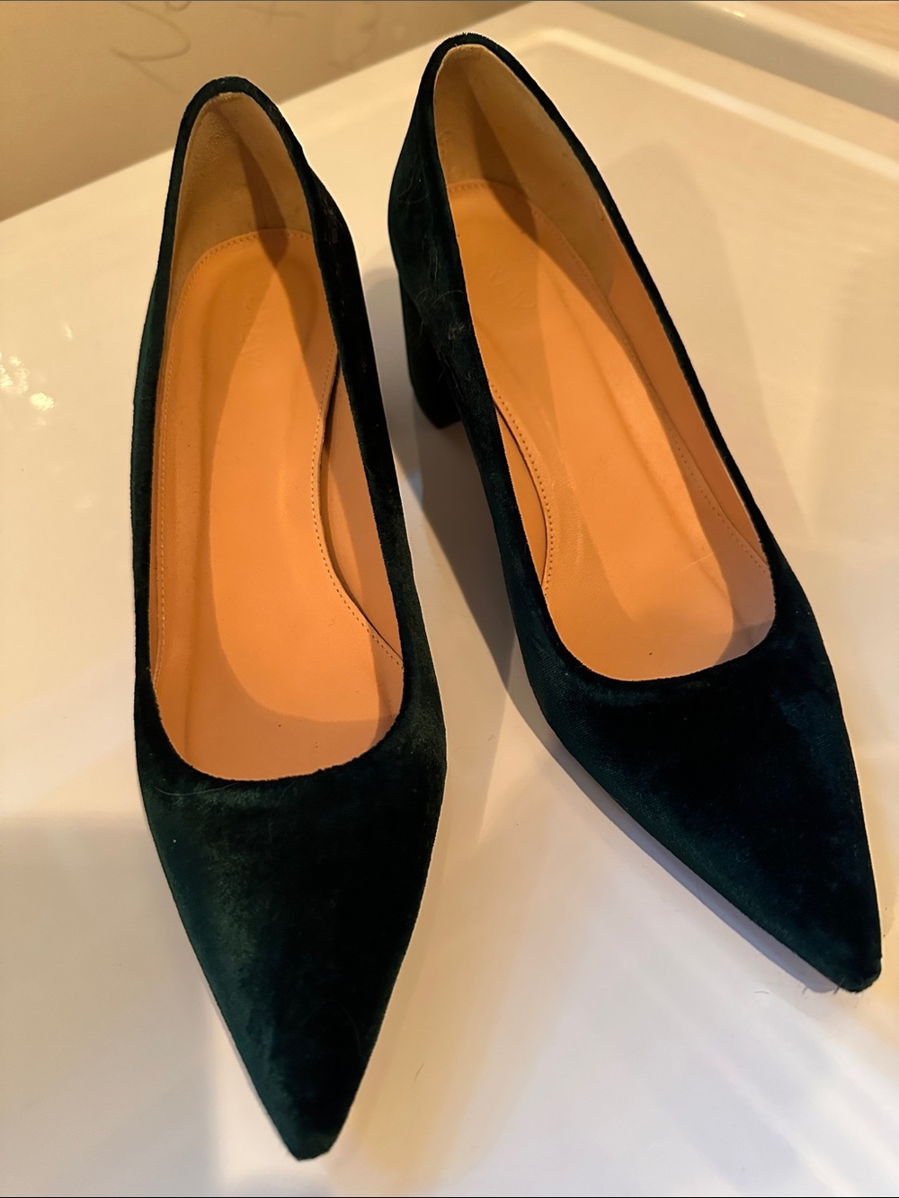 J. Crew Forest Green Pointed-Toe Low Block Heel Pumps